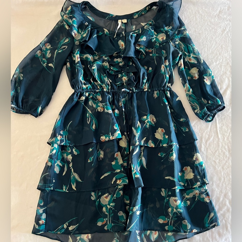 Lauren Conrad Women's Dark Green Floral Midi Dress Size 2 Small Chiffon Fall 3/4